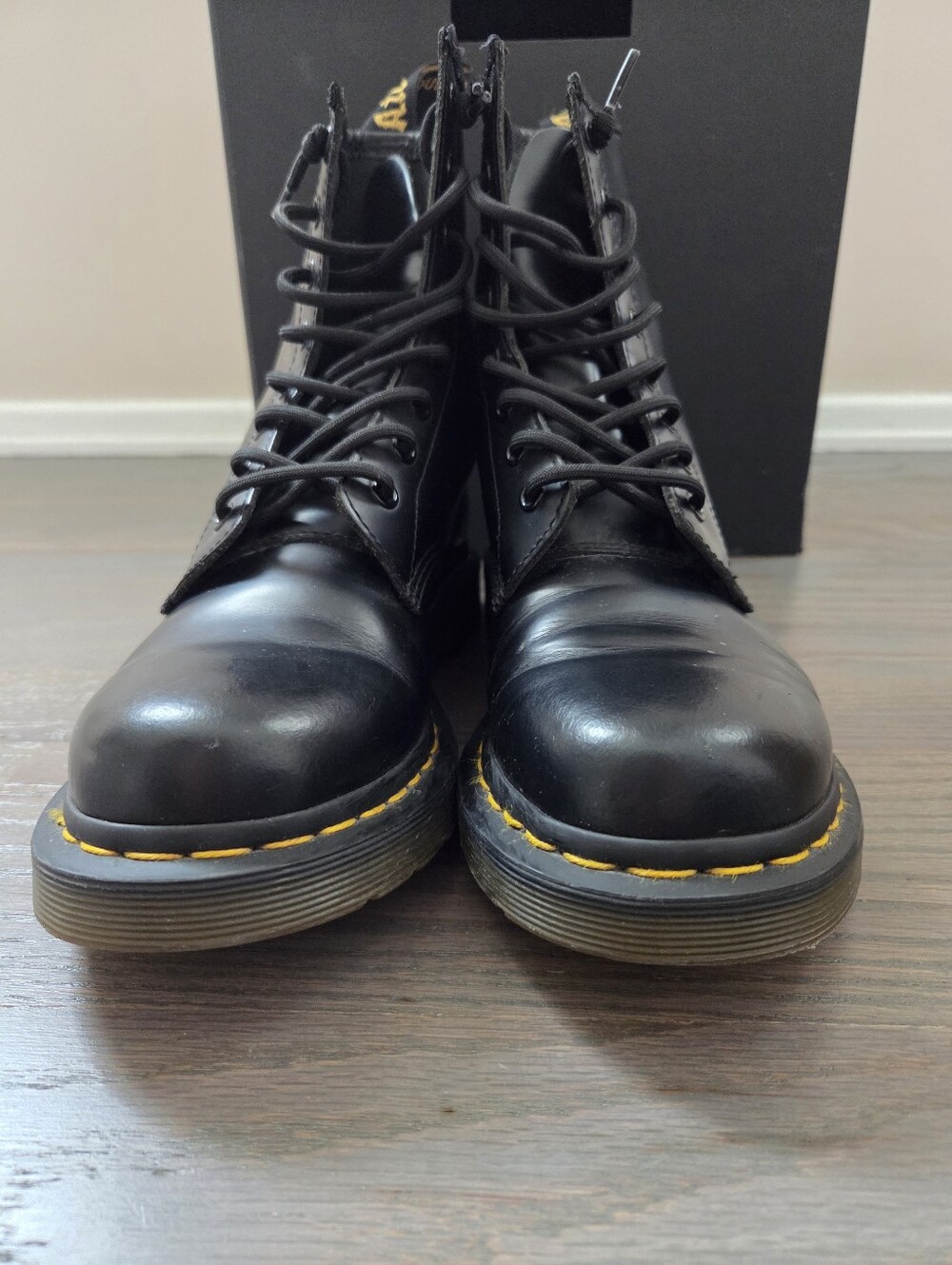 Dr. Martens Black Leather Lace-Up Combat Boots with Yellow Stitching - Picture 12 of 13